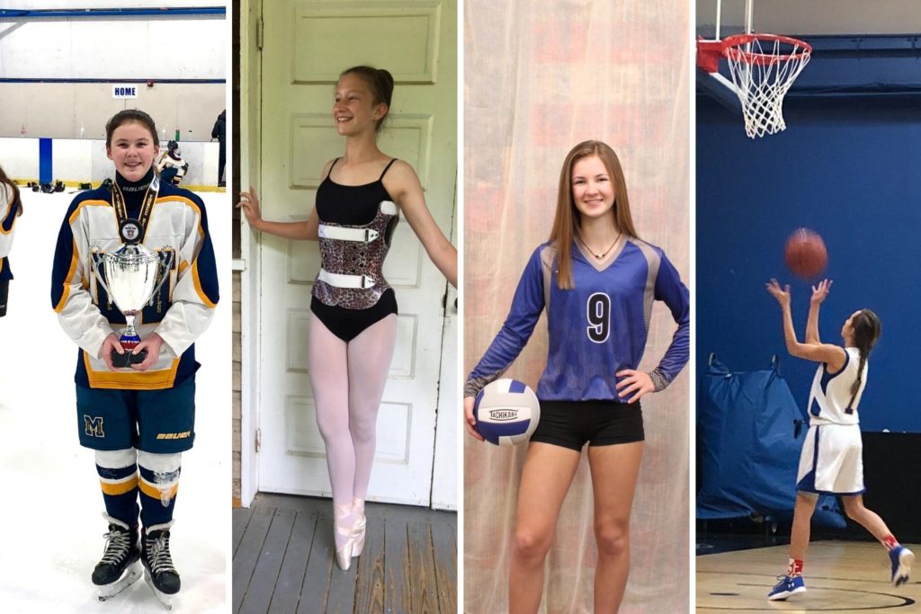 Hockey, volleyball, and basketball player and a ballerina with scoliosis brace