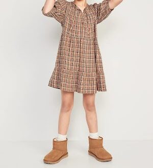 PUFF-SLEEVE TIERED PLAID TIE-FRONT DRESS from OLD NAVY