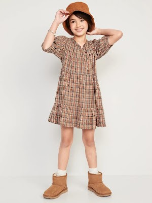 PUFF-SLEEVE TIERED PLAID TIE-FRONT DRESS from OLD NAVY
