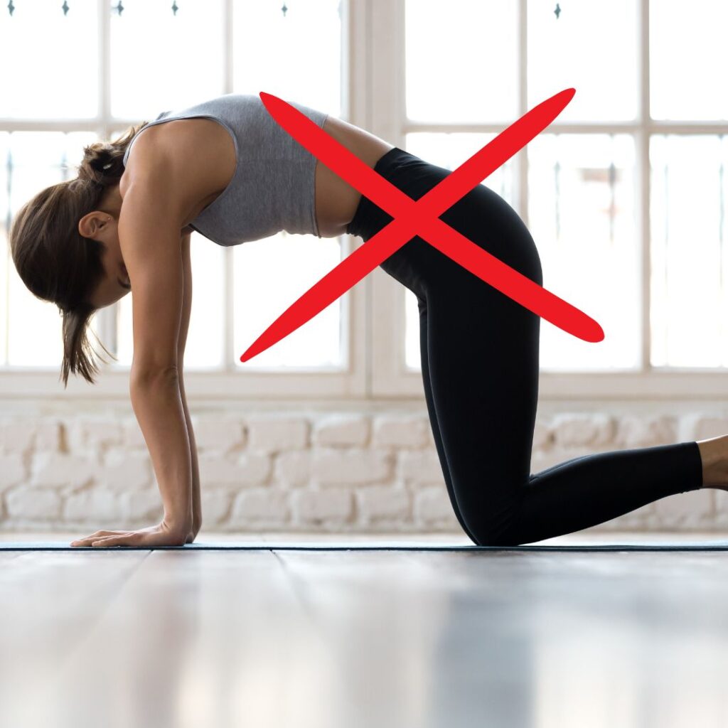 Woman doing Yoga Tuck Pose with it crossed out