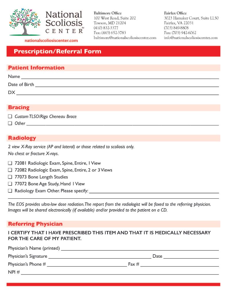 National Scoliosis Center Prescription Referral Form